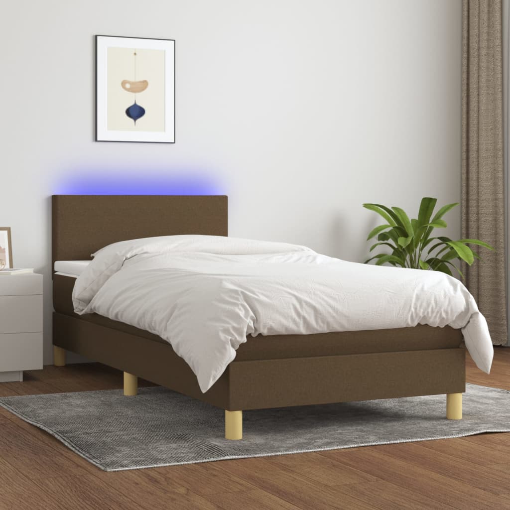 vidaXL Box spring postel s matrací a LED tmavě hnědá 90x200 cm textil
