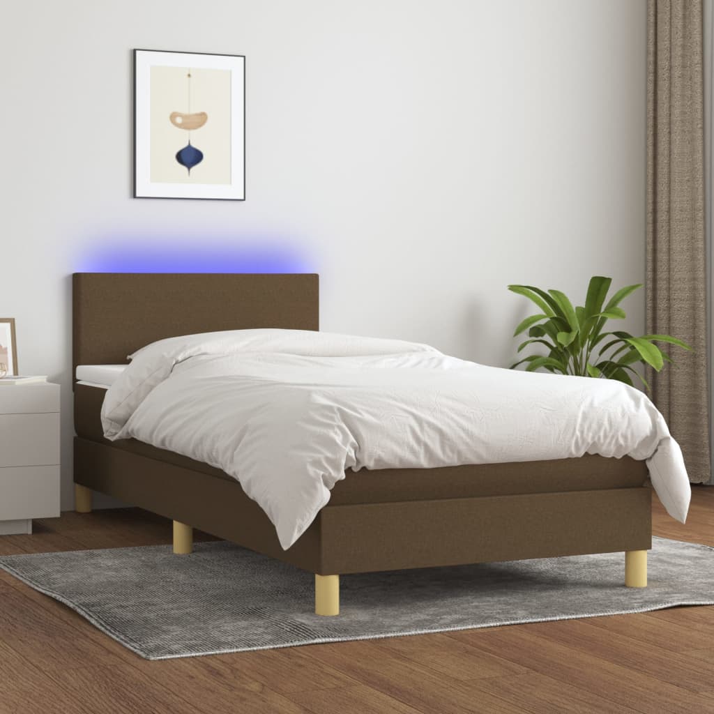 Sommier tapissier matelas et LED Marron foncé 100x200cm Tissu