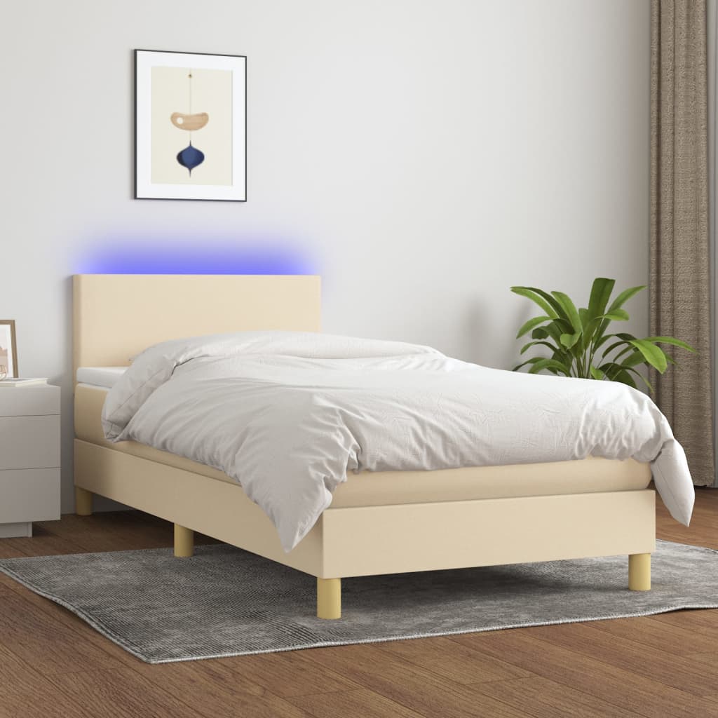 Box spring postel s matrací a LED krémová 100x200 cm textil