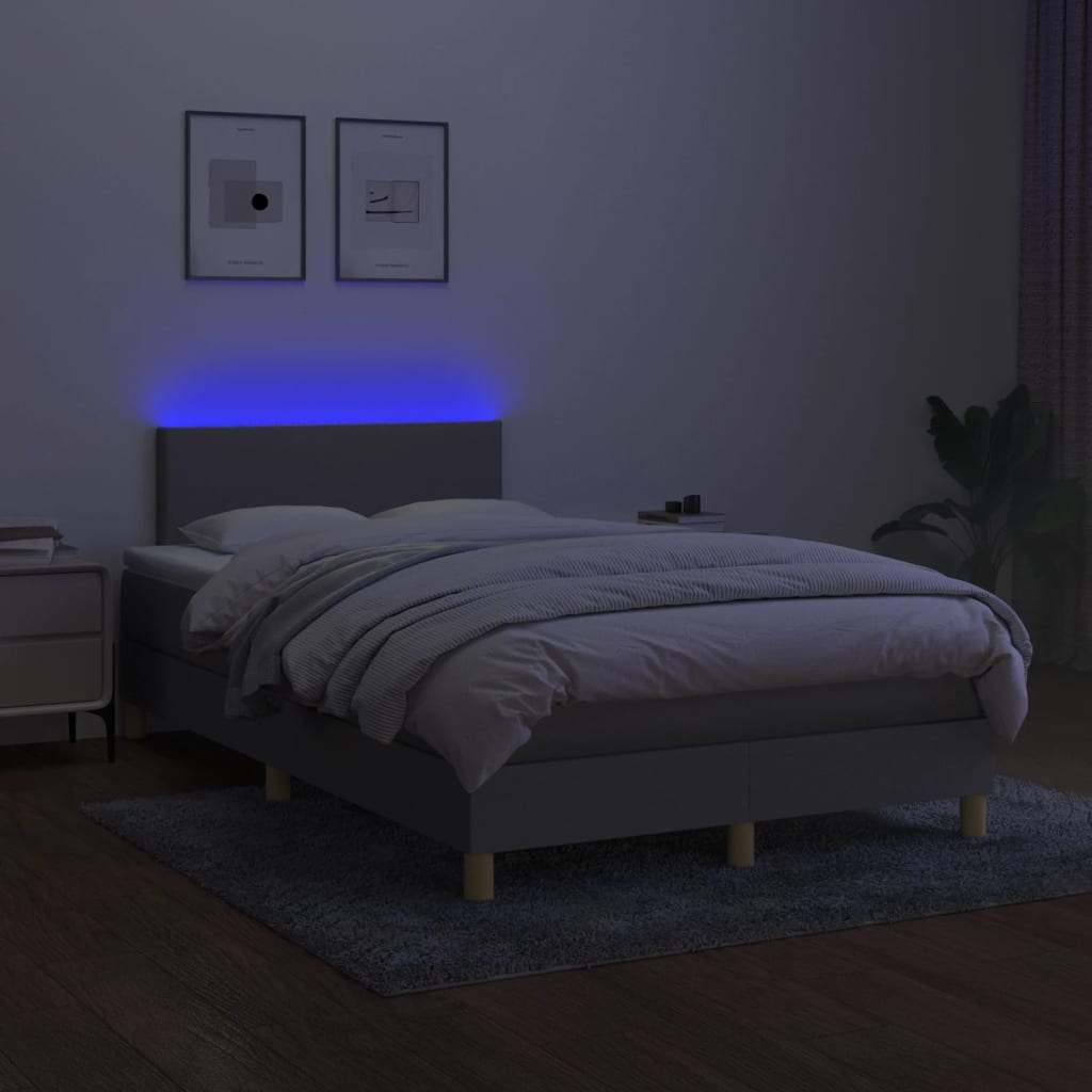 Box spring postelja z vzmetnico LED sv. siva 120x200 cm blago