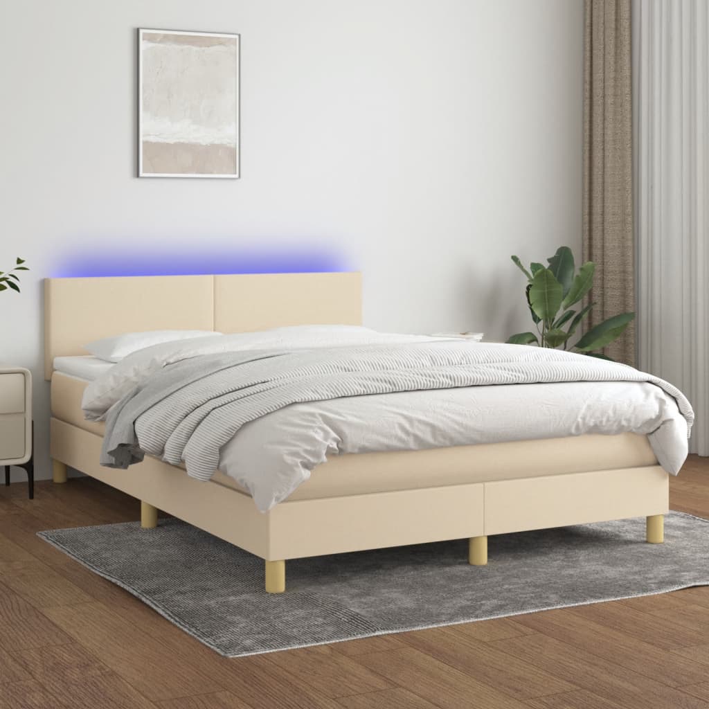 vidaXL Boxspringbett mit Matratze & LED Creme 140x190 cm Stoff