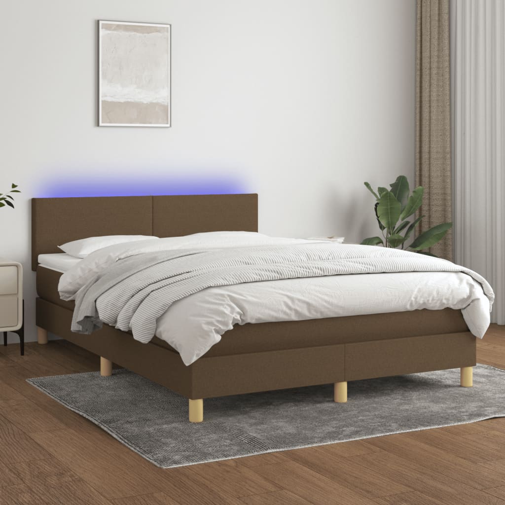 Sommier tapissier matelas et LED Marron foncé 140x200 cm Tissu