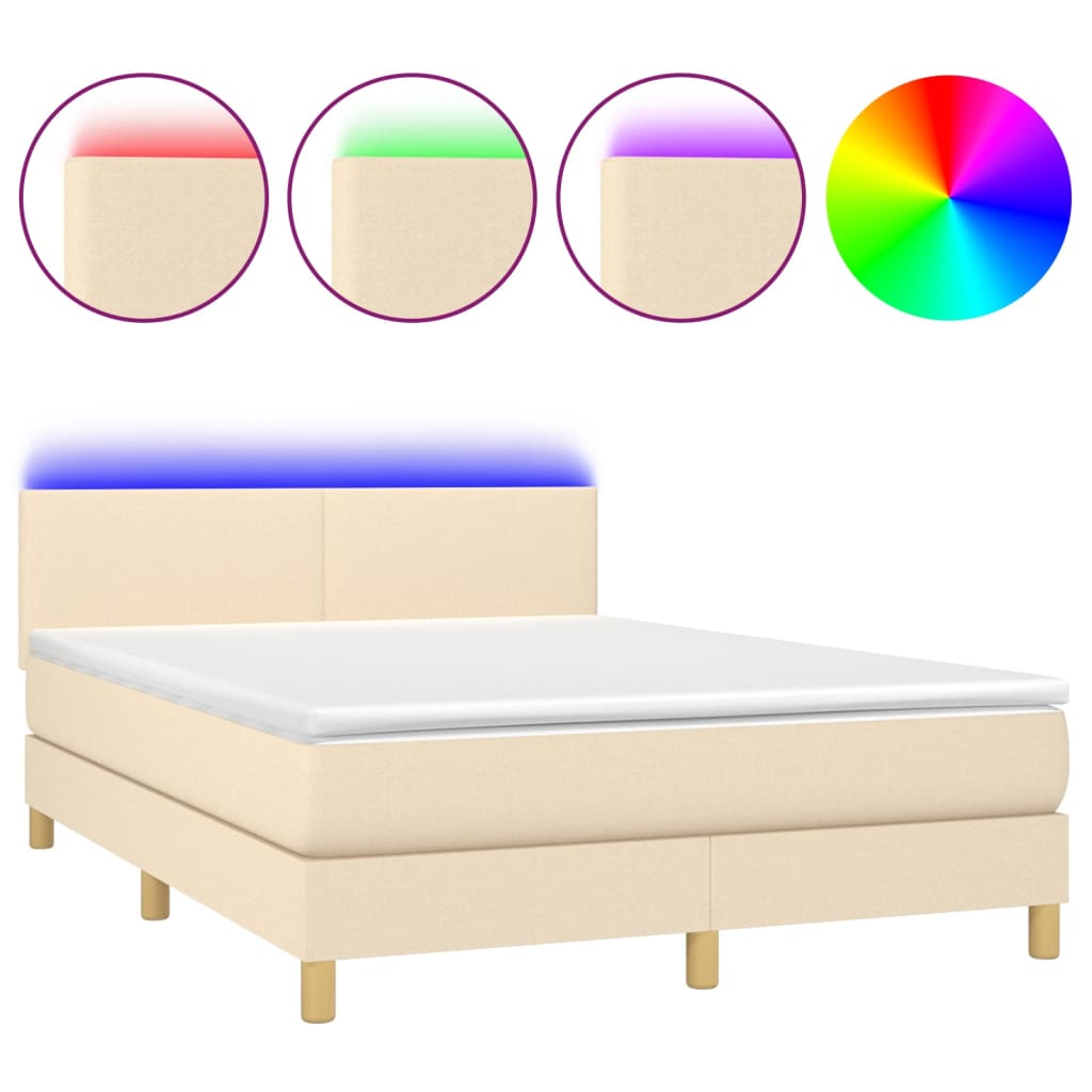 vidaXL Boxspring met matras en LED stof crèmekleurig 140x200 cm