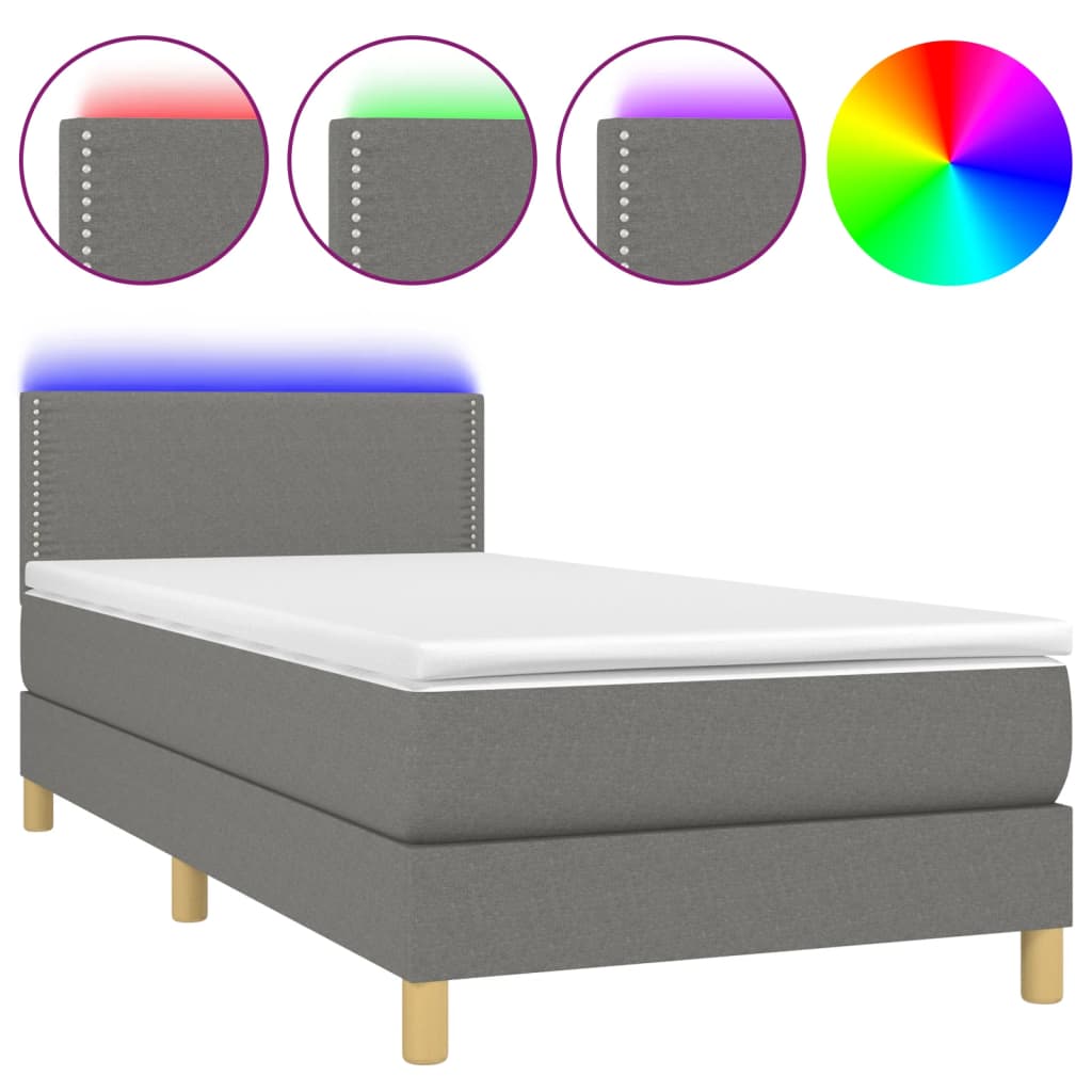 vidaXL Box spring postelja z vzmetnico LED temno siva 90x190 cm blago