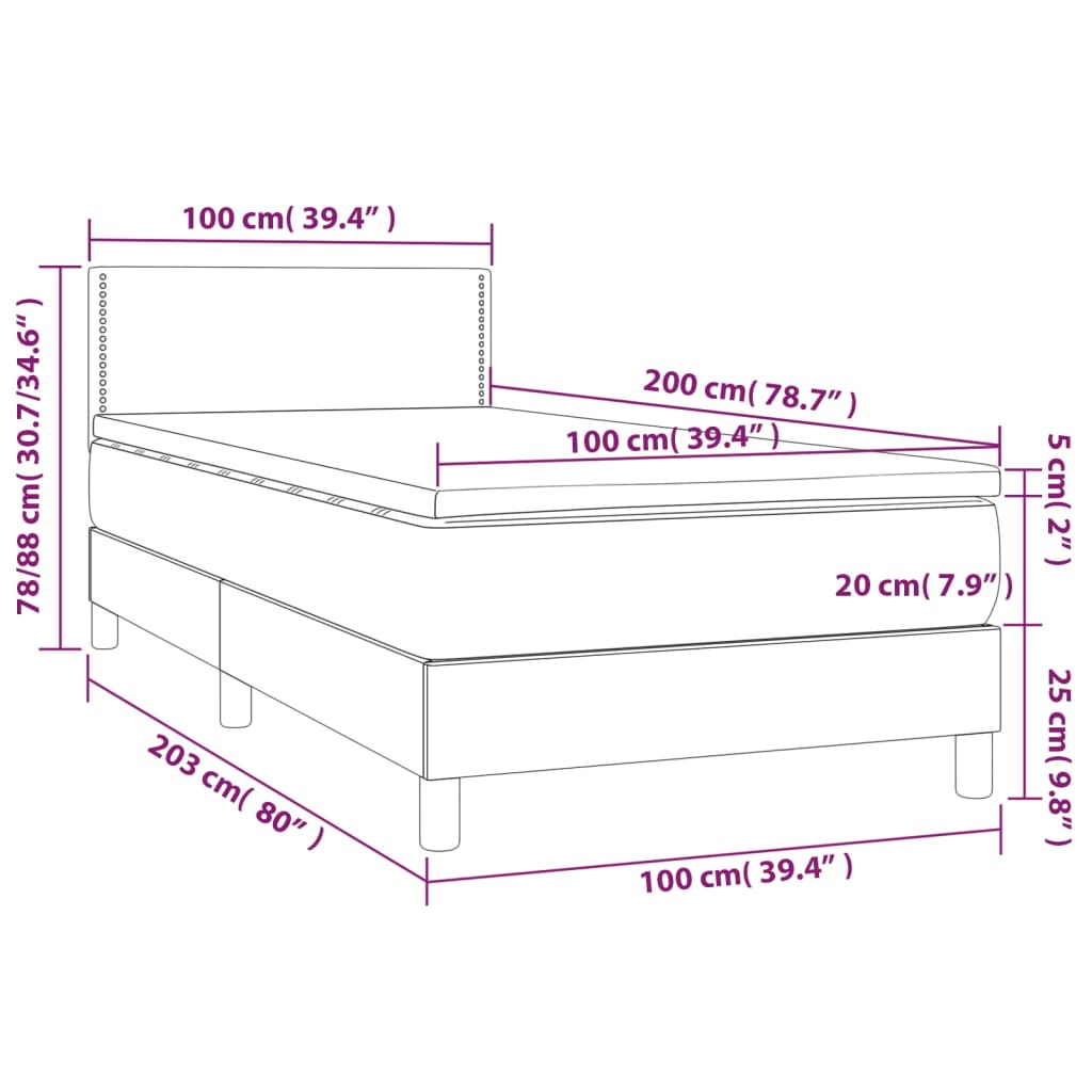 Box spring postel s matrací a LED tmavě šedá 100x200 cm textil