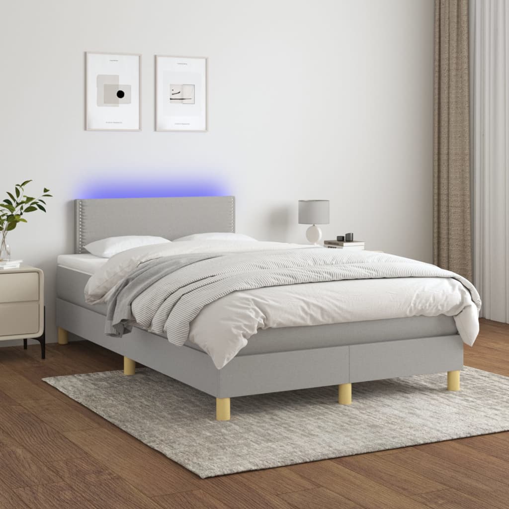 Sommier tapissier matelas et LED Gris clair 120x200 cm Tissu
