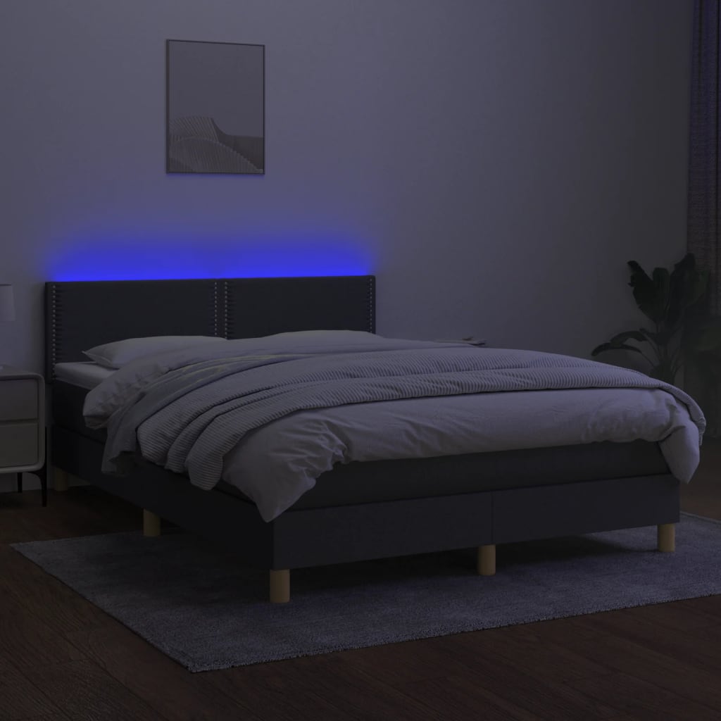 sötétszürke szövet rugós és LED-es ágy matraccal 140x200 cm