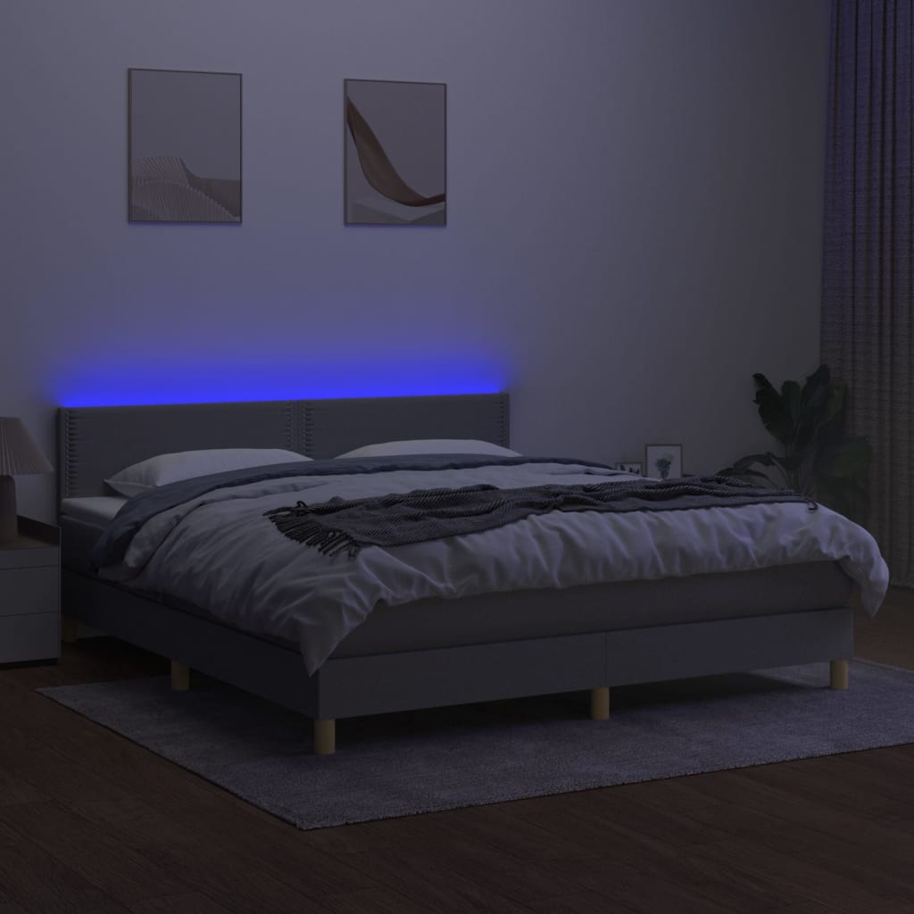 vidaXL Boxspring met matras en LED stof lichtgrijs 180x200 cm afbeelding