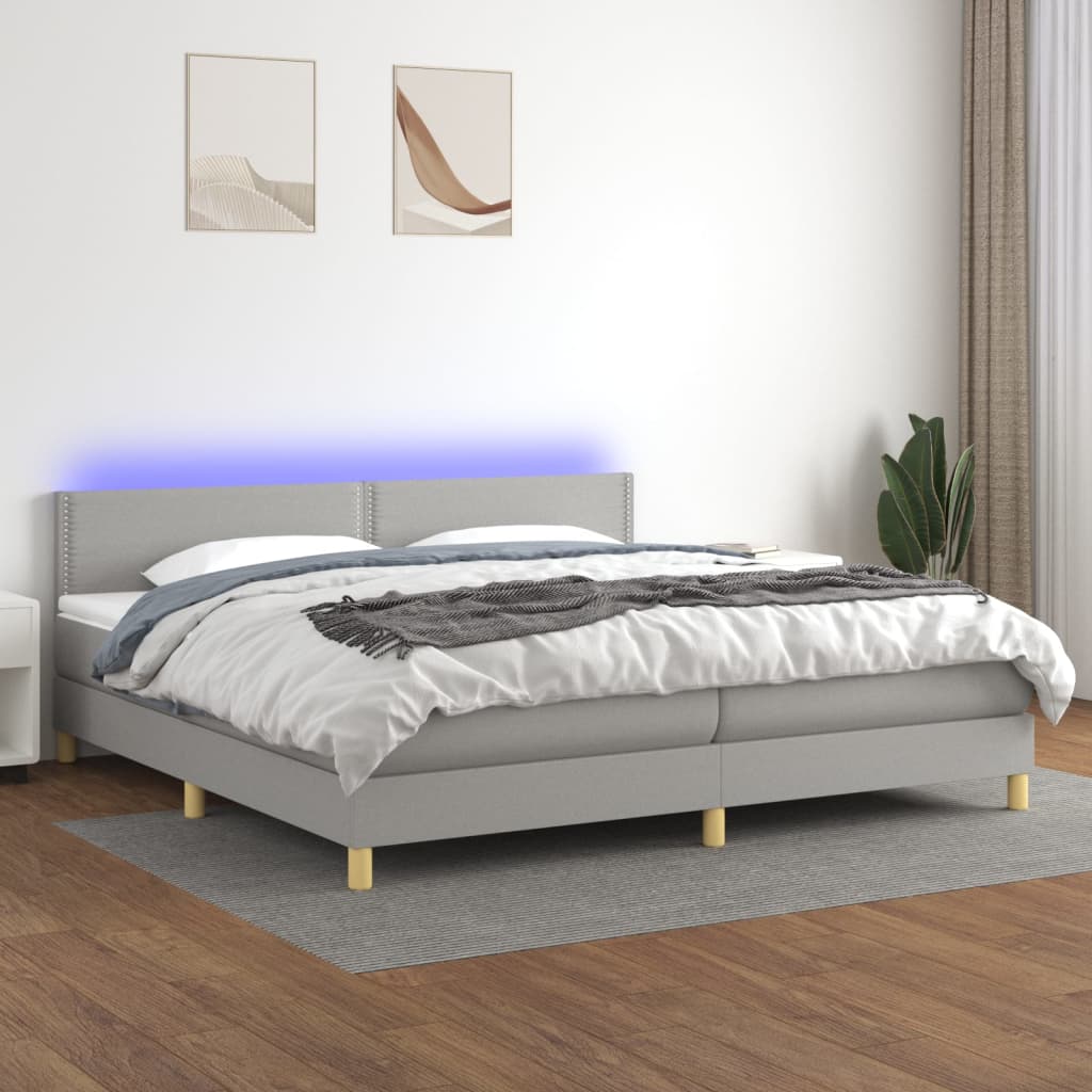 Box spring postel s matrací a LED světle šedá 200x200 cm textil
