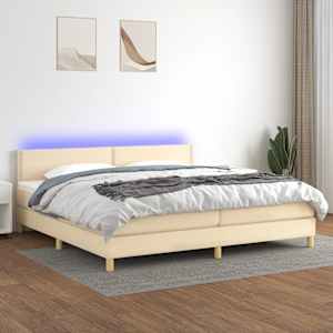 Box spring postelja z vzmetnico LED krem 200x200 cm blago