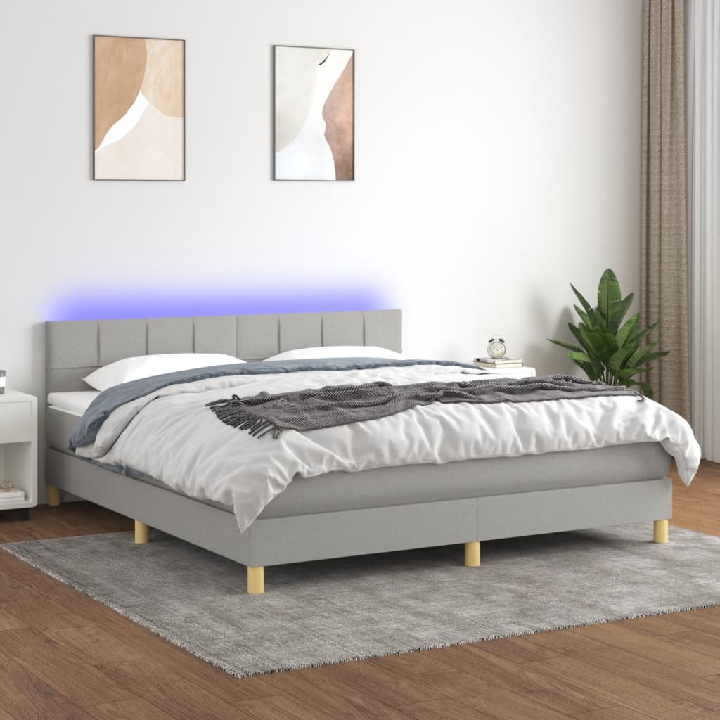 Box spring postel s matrací a LED světle šedá 180x200 cm textil