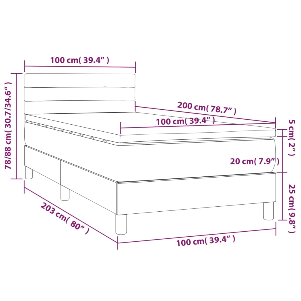 Pat cu arcuri, saltea și LED, gri închis, 100x200 cm, textil