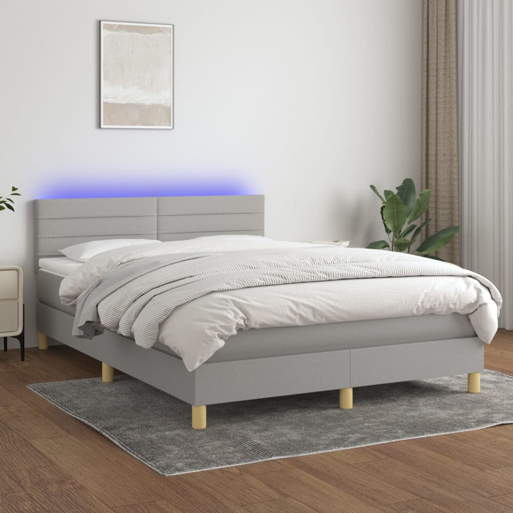 vidaXL Pat cu arcuri, saltea și LED, gri deschis, 140×190 cm, textil