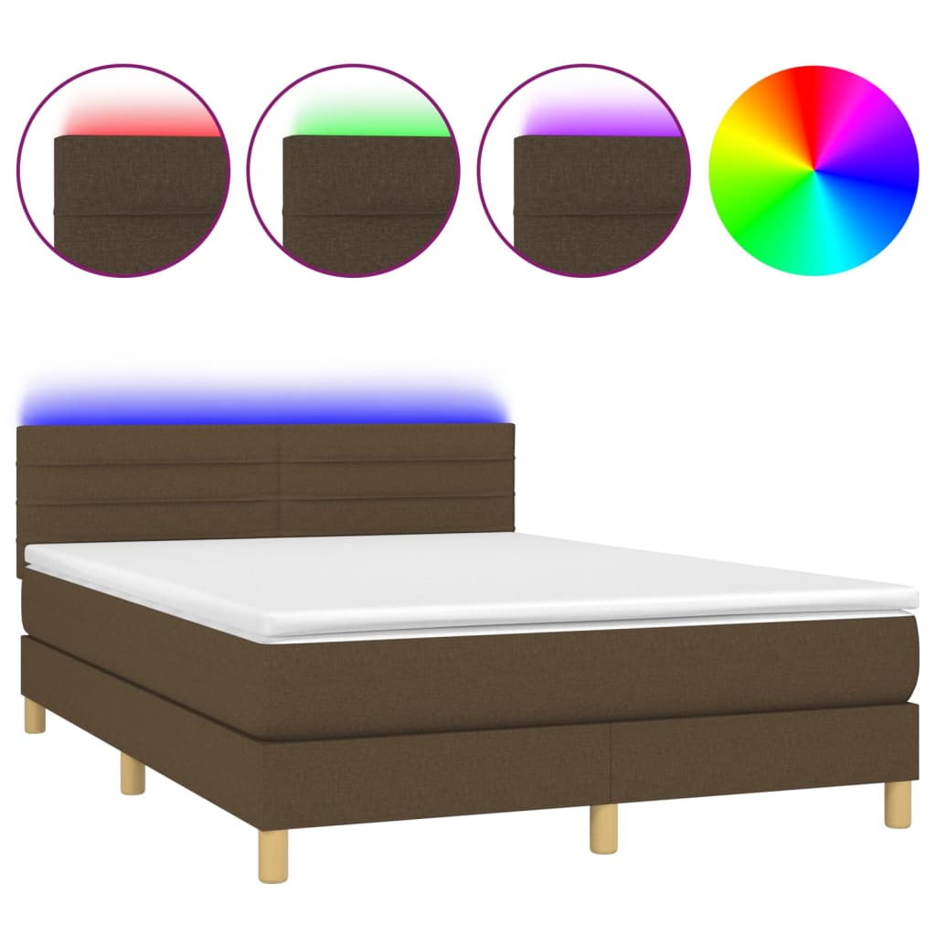 vidaXL Boxspring met matras en LED stof donkerbruin 140x200 cm