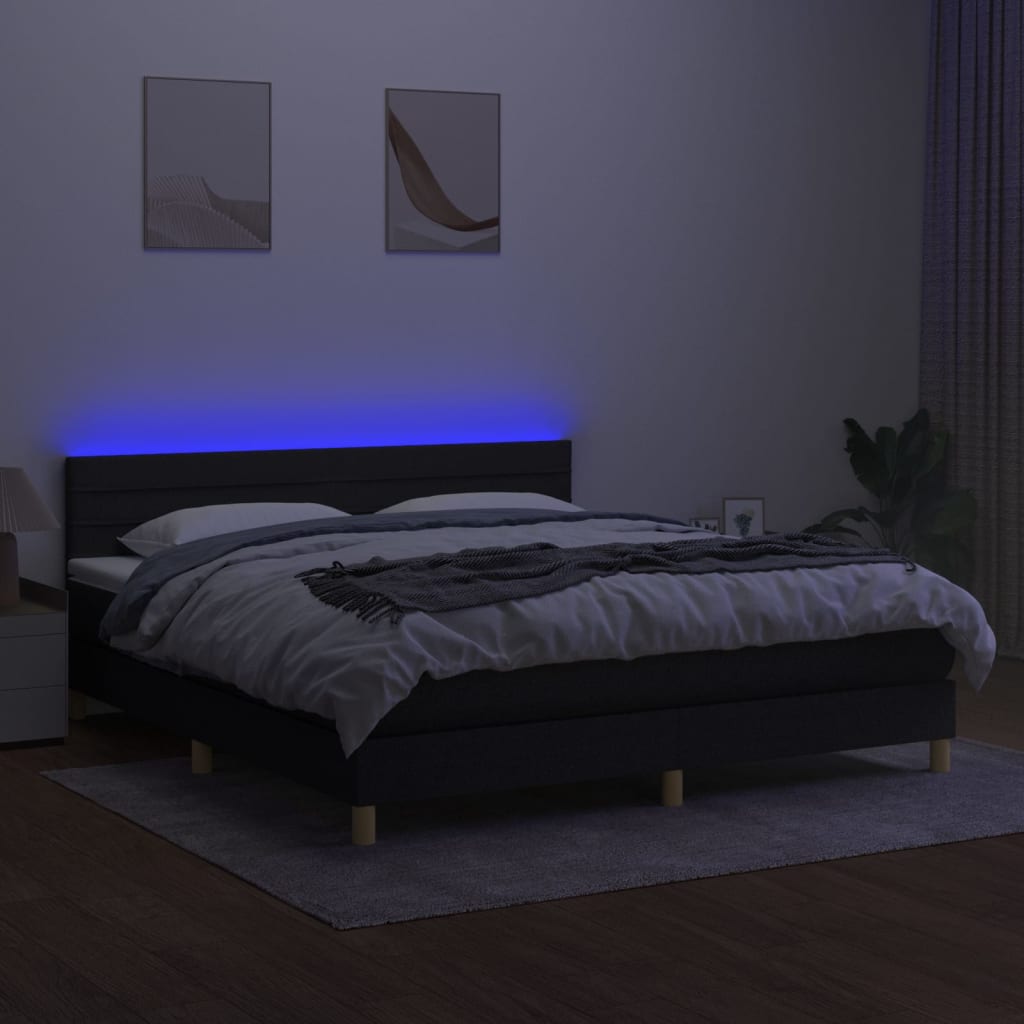 Box spring postelja z vzmetnico LED črna 160x200 cm blago