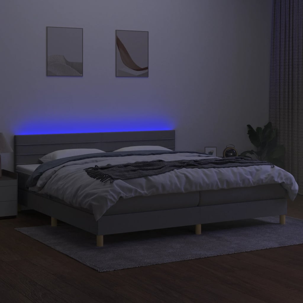 vidaXL Boxspring met matras en LED stof lichtgrijs 200x200 cm afbeelding