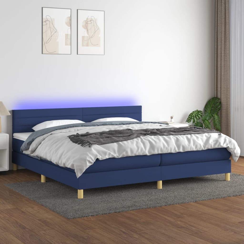 vidaXL Pat cu arcuri, saltea și LED, albastru, 200×200 cm, textil 200x200 imagine noua