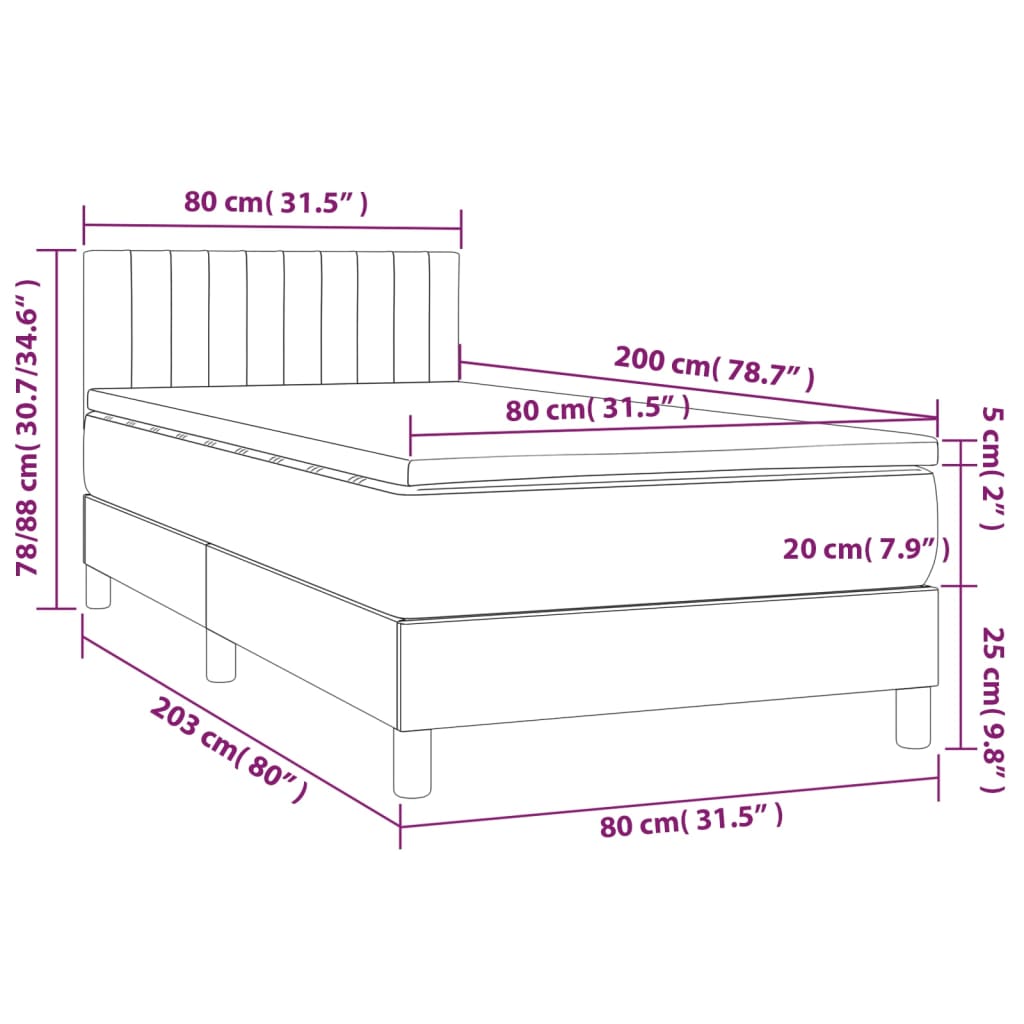 Krevet box spring s madracem LED svjetlosivi 80x200 cm tkanina