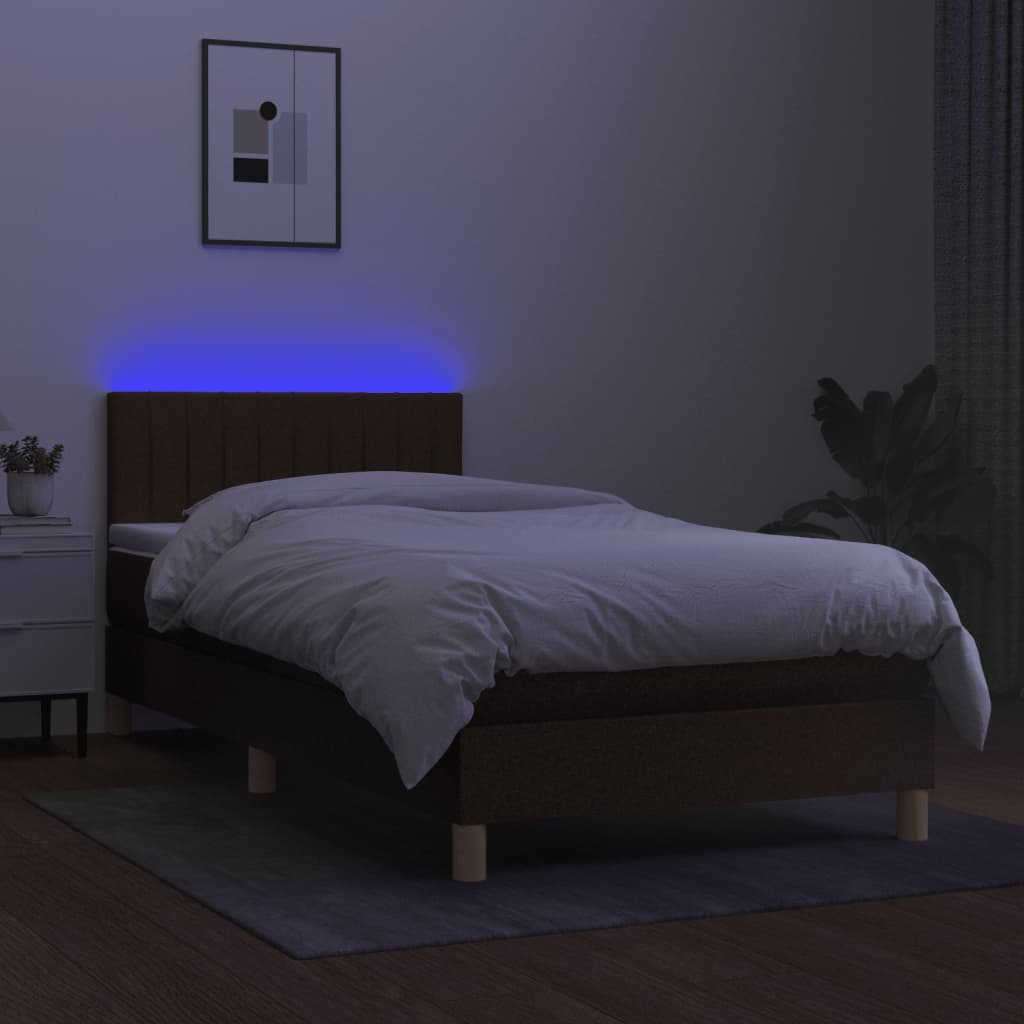 vidaXL Boxspring met matras en LED stof donkerbruin 90x190 cm afbeelding
