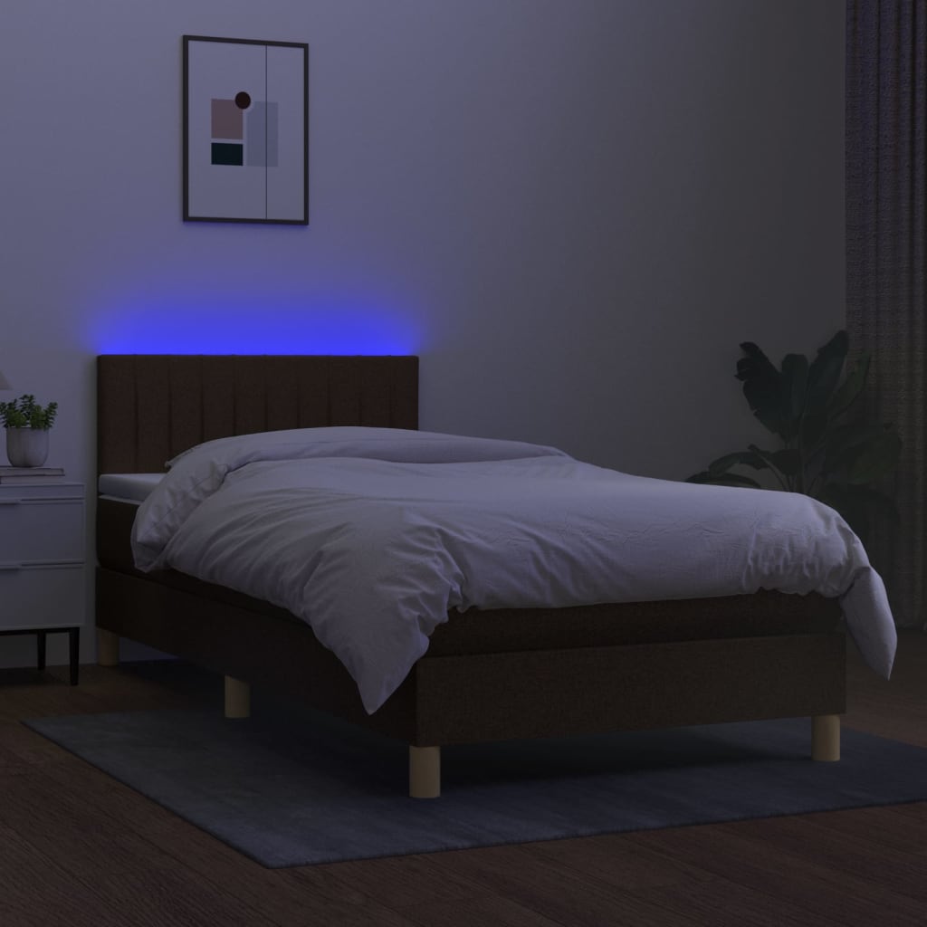 Box spring postelja z vzmetnico LED temno rjava 100x200cm blago