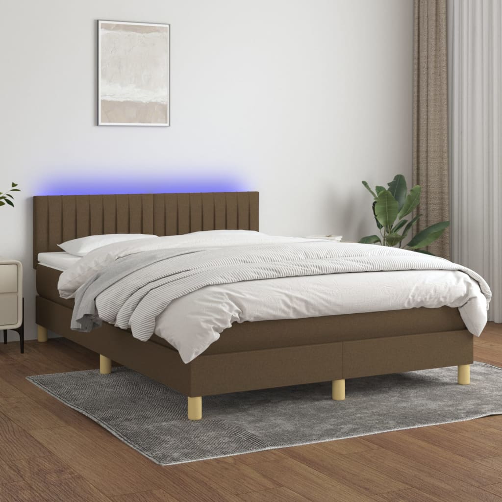 vidaXL Pat cu arcuri, saltea și LED, maro închis, 140×190 cm, textil