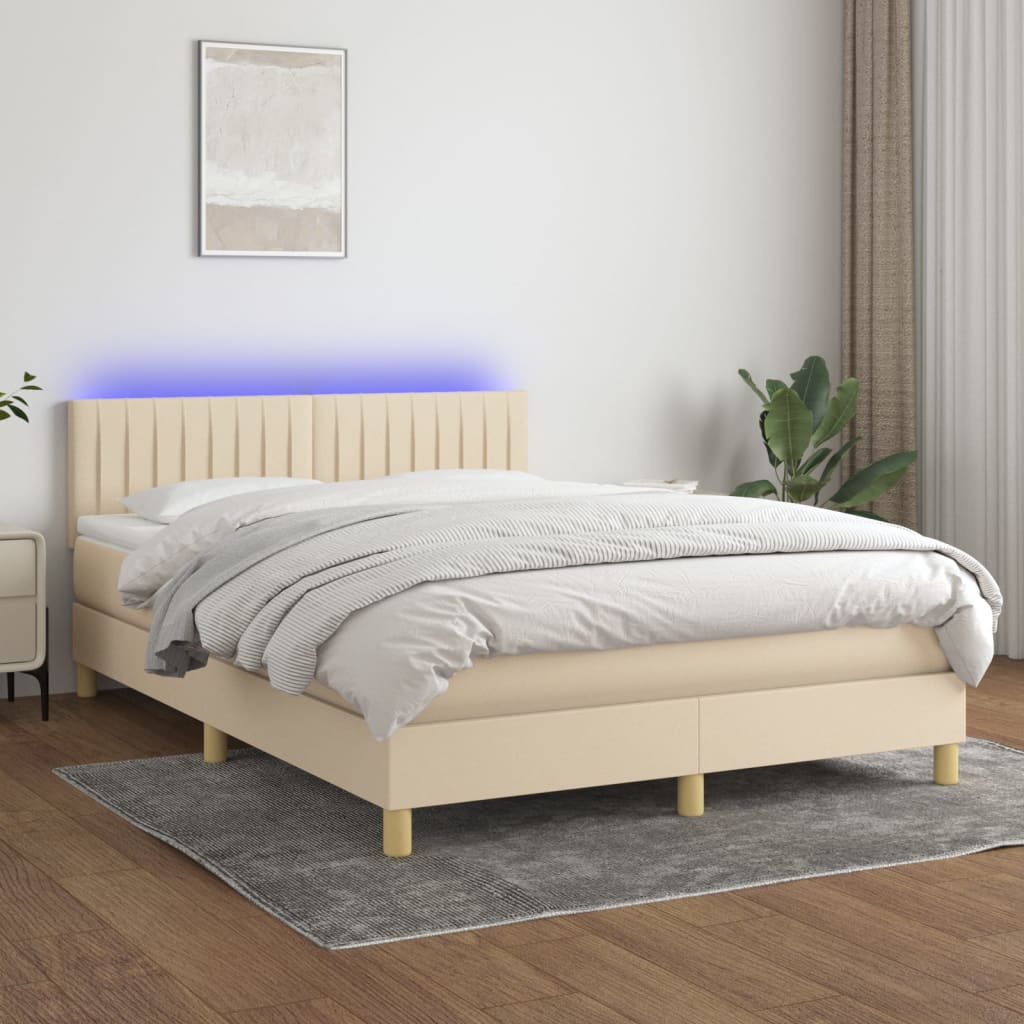 Box spring postel s matrací a LED krémová 140x190 cm textil