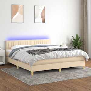 Box spring postel s matrací a LED krémová 180x200 cm textil - obrázek 1