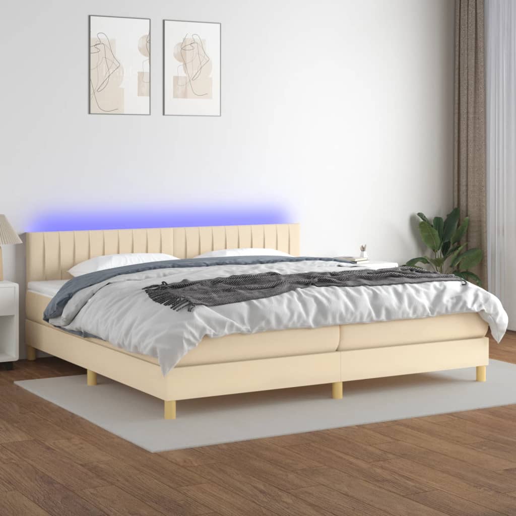 Krémszínű szövet rugós és LED-es ágy matraccal 200 x 200 cm 