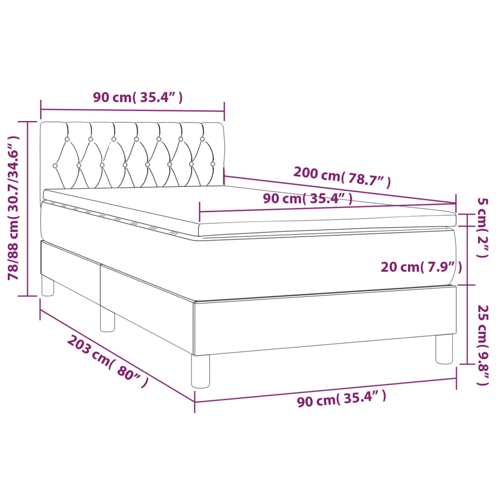 fekete szövet rugós és LED-es ágy matraccal 90x200 cm