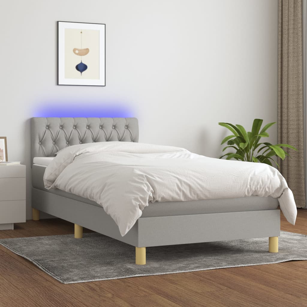 Sommier tapissier matelas et LED Gris clair 100x200 cm Tissu