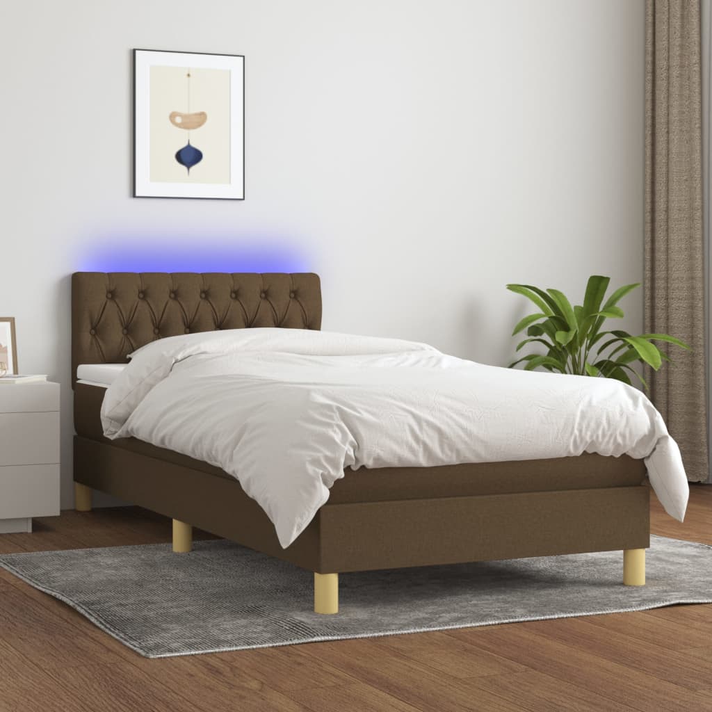 Sommier tapissier matelas et LED Marron foncé 100x200cm Tissu