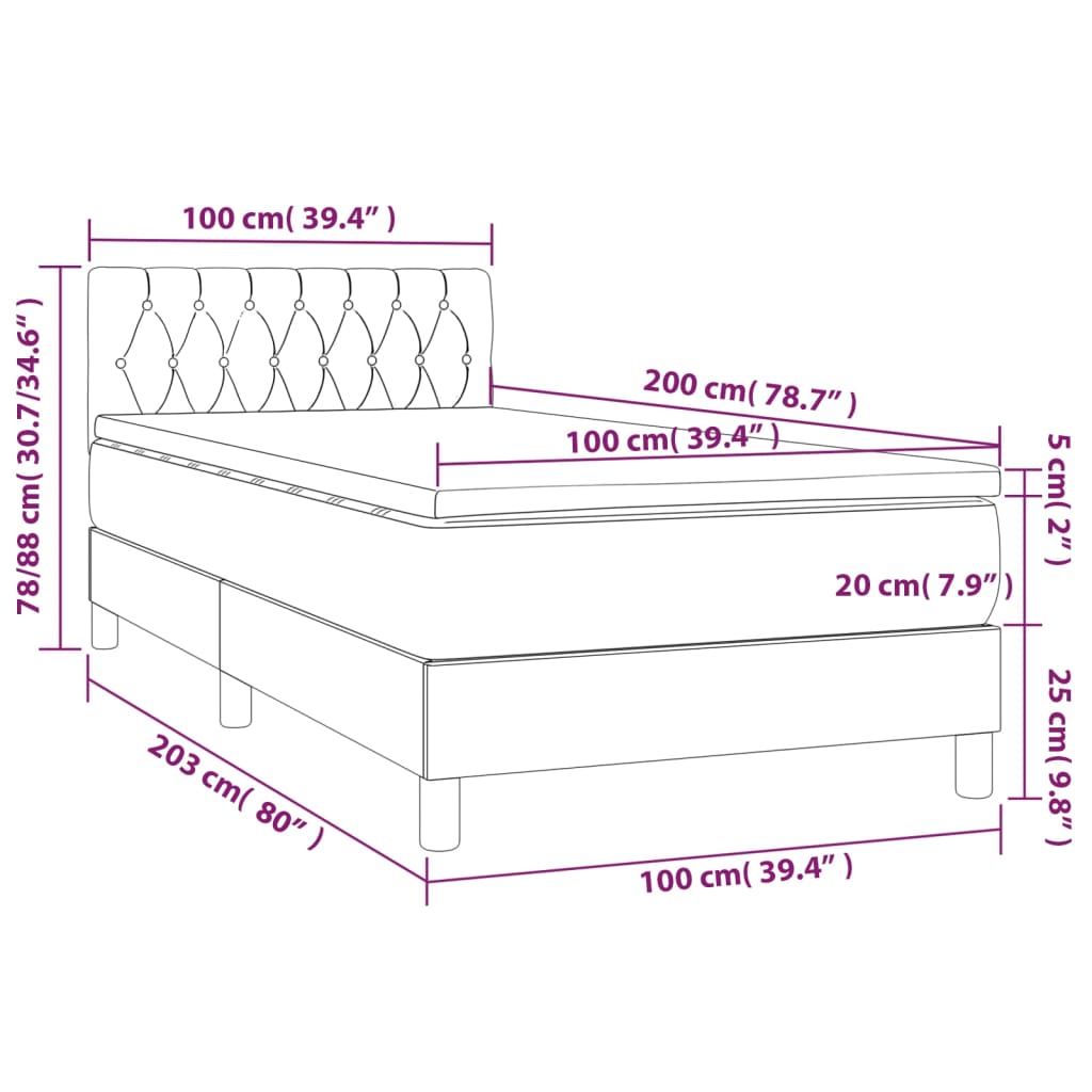 Tópszínű szövet rugós és LED-es ágy matraccal 100x200 cm 