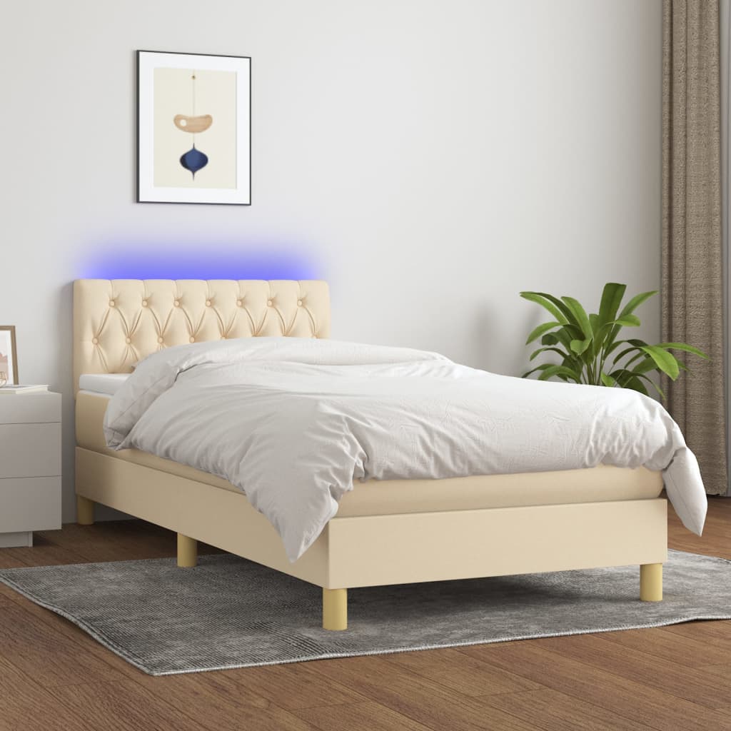 Box spring postel s matrací a LED krémová 100x200 cm textil