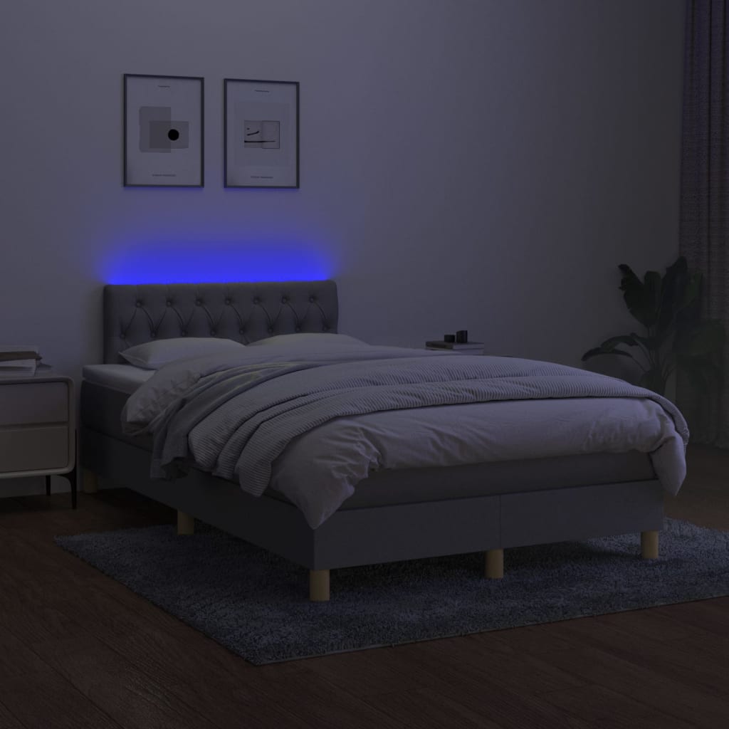 Világosszürke szövet rugós és LED-es ágy matraccal 120 x 200 cm 