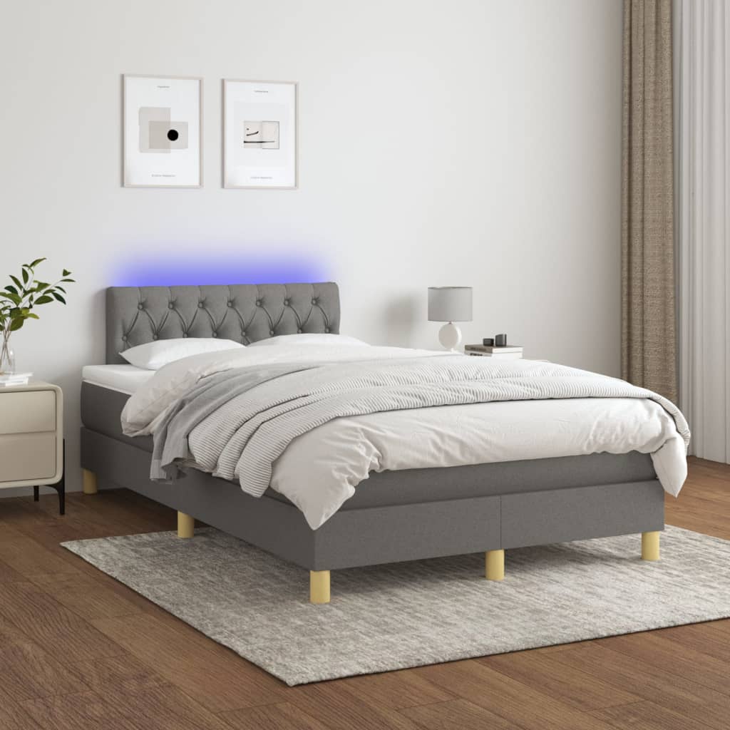 Sötétszürke szövet rugós és LED-es ágy matraccal 120 x 200 cm 