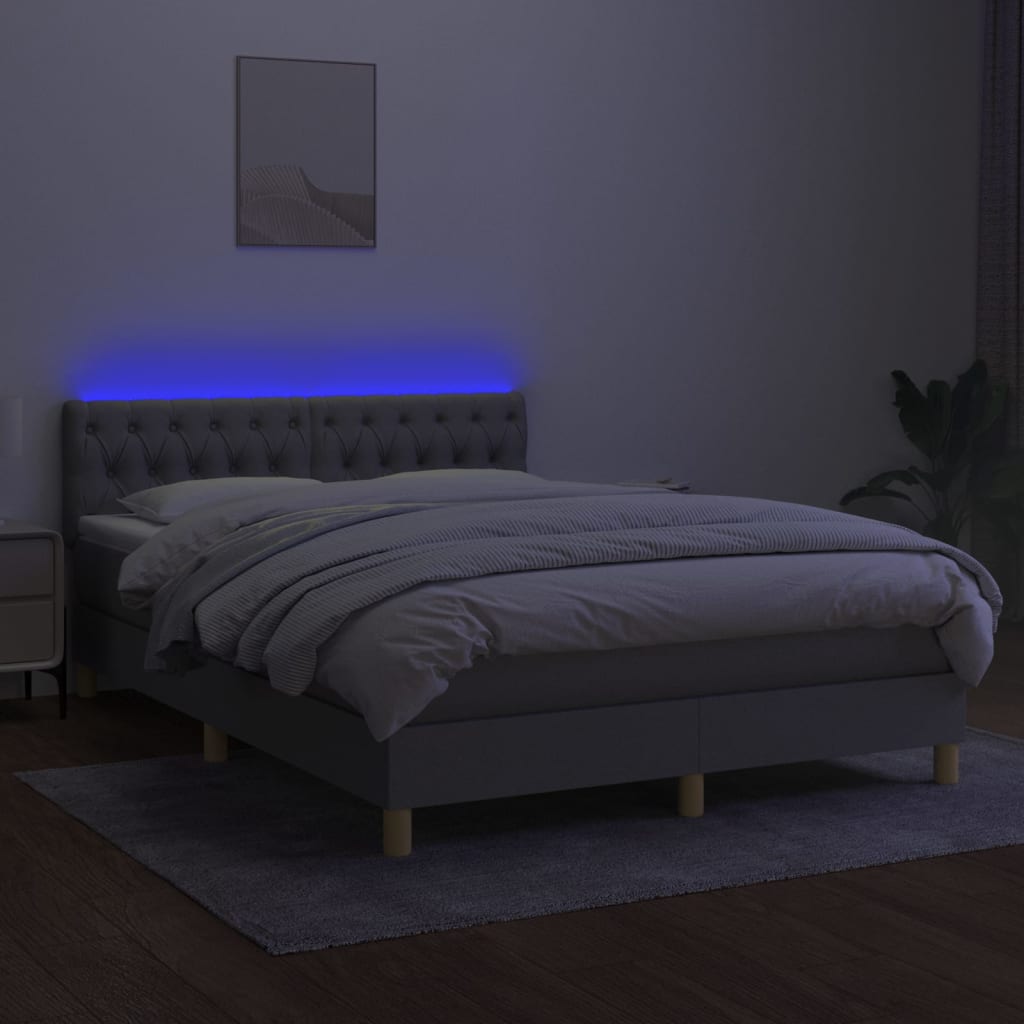 Világosszürke szövet rugós és LED-es ágy matraccal 140x190 cm 