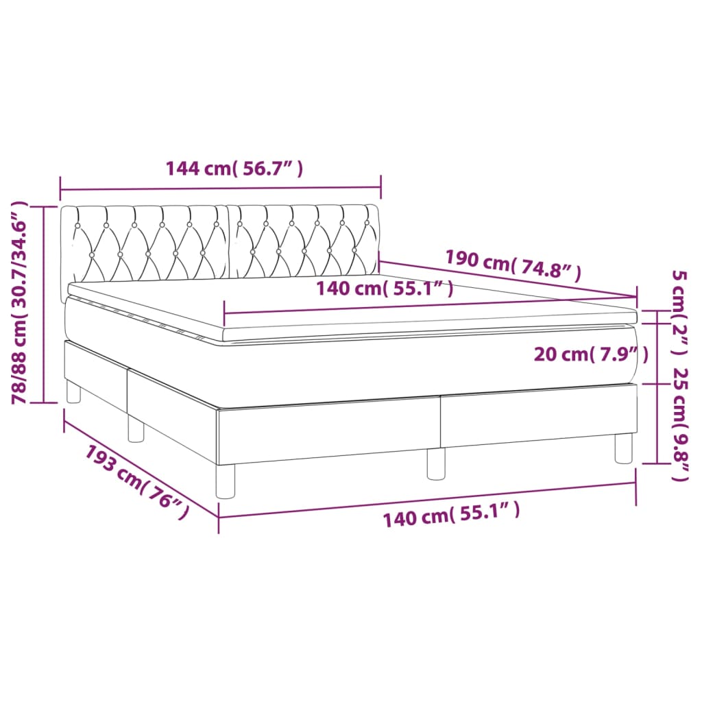 Box spring postelja z vzmetnico LED svetlo siva 140x190cm blago