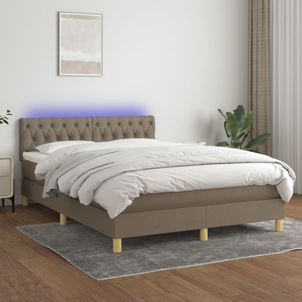 vidaXL Pat cu arcuri, saltea și LED, gri taupe, 140x190 cm, textil