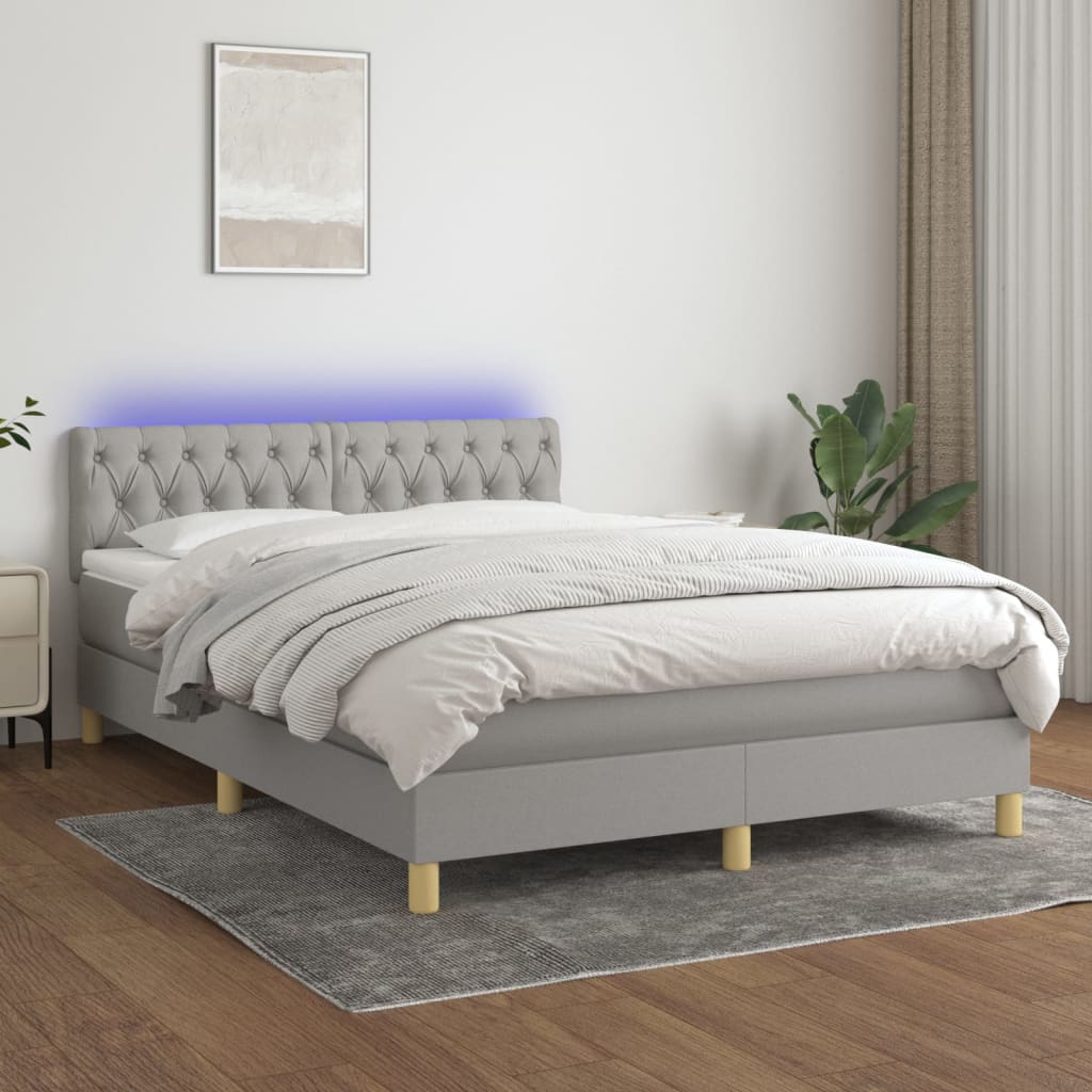 vidaXL Boxspringbett mit Matratze & LED Hellgrau 140x200 cm Stoff