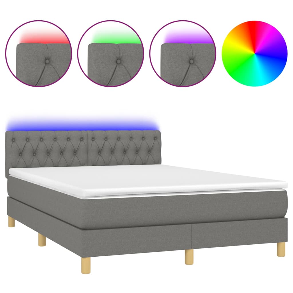 Sötétszürke szövet rugós és LED-es ágy matraccal 140x200 cm 