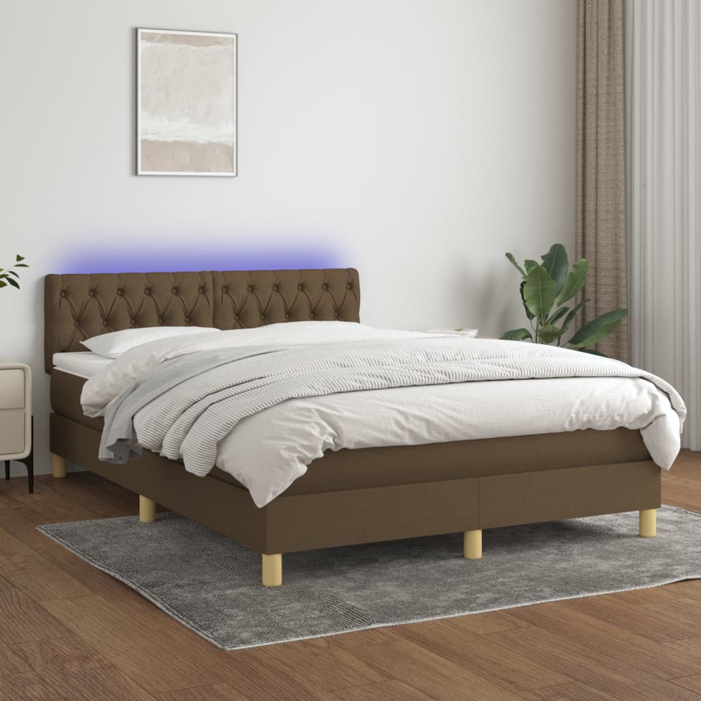 vidaXL Pat cu arcuri, saltea și LED, maro închis, 140×200 cm, textil 140x200 imagine noua