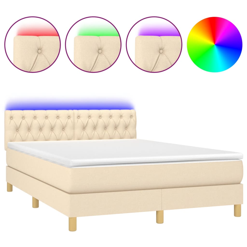 vidaXL Boxspring met matras en LED stof crèmekleurig 140x200 cm