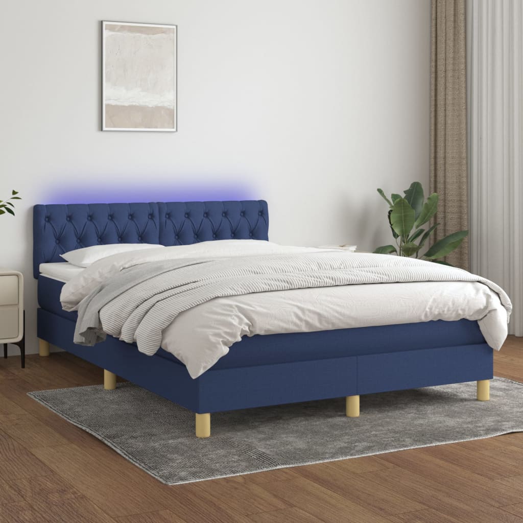 Kék szövet rugós és LED-es ágy matraccal 140x200 cm 