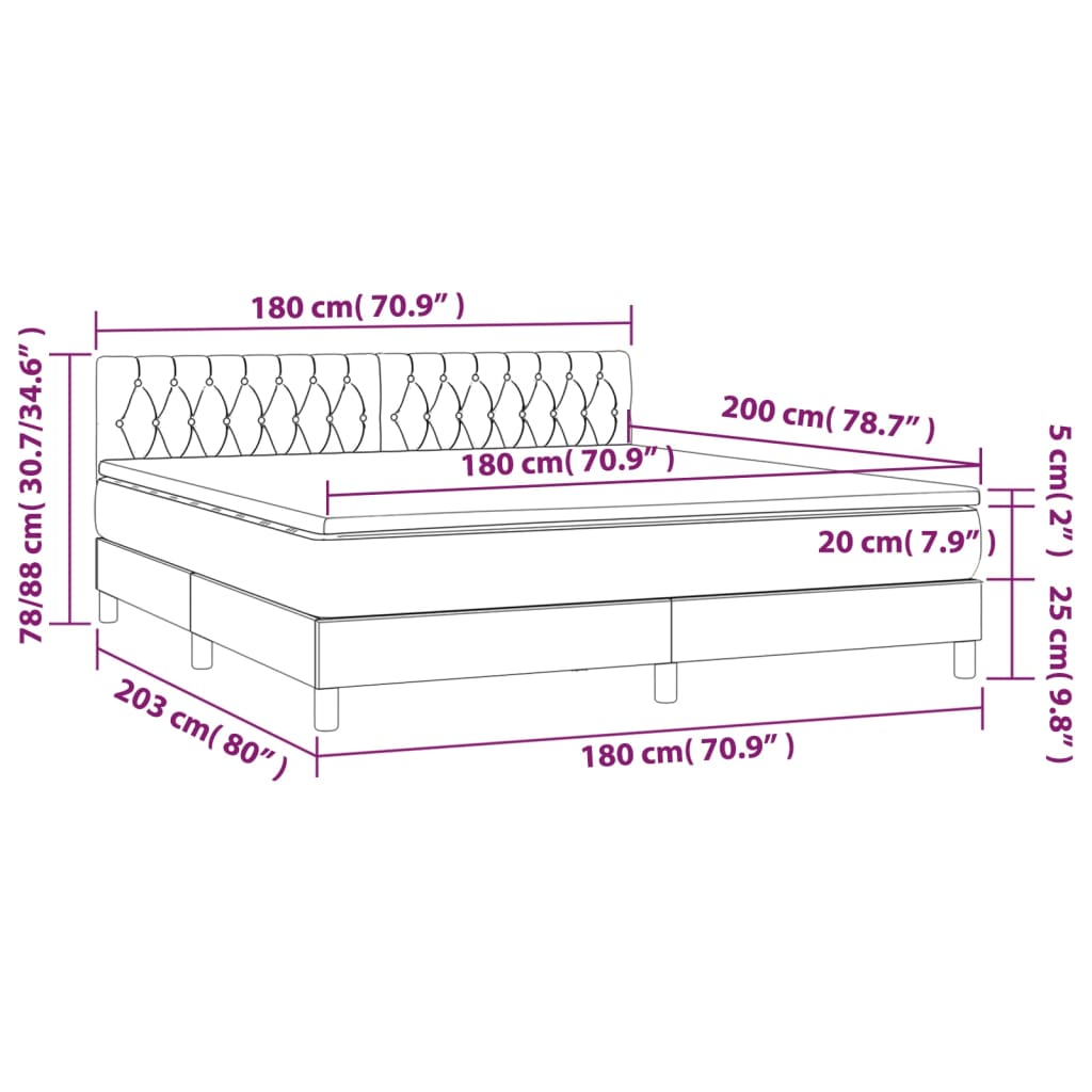 Box spring postel s matrací a LED krémová 180x200 cm textil