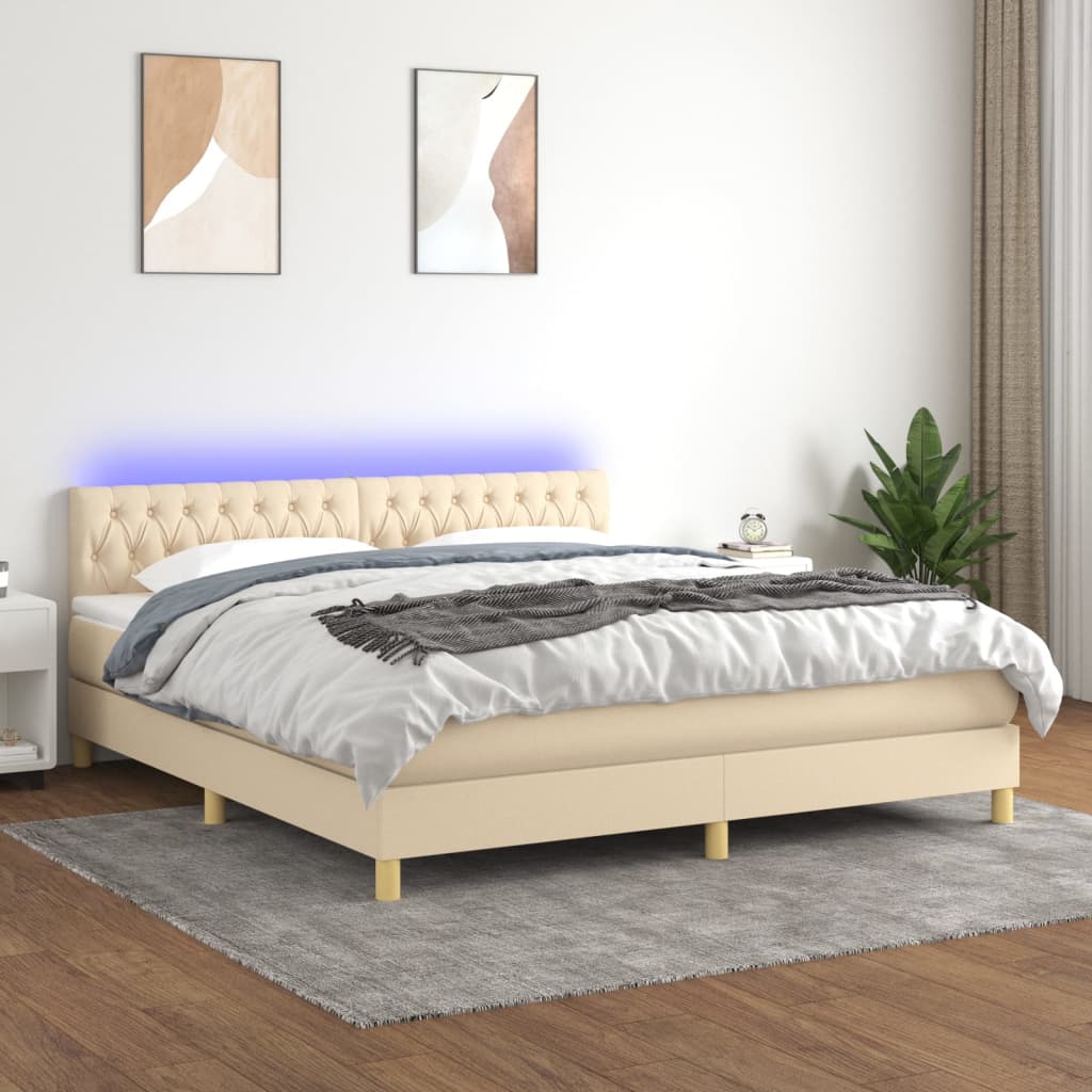 Box spring postel s matrací a LED krémová 180x200 cm textil