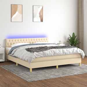 Box spring postel s matrací a LED krémová 180x200 cm textil - obrázek 1
