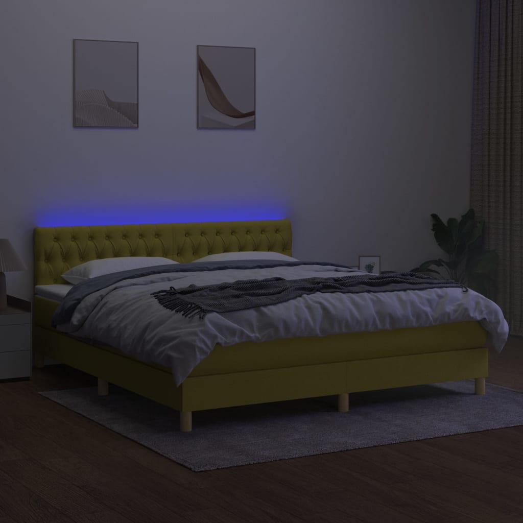 Zöld szövet rugós és LED-es ágy matraccal 180 x 200 cm 