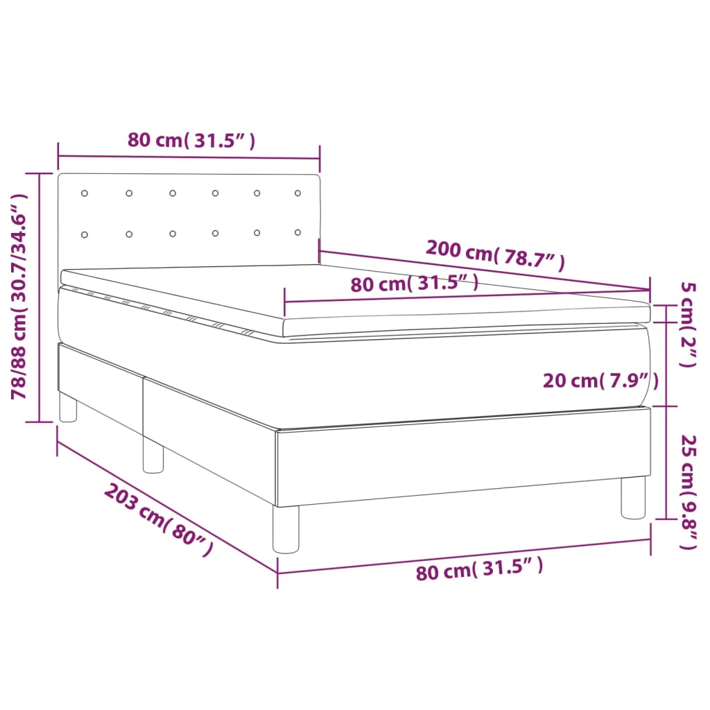 Box spring postel s matrací a LED světle šedá 80x200 cm textil