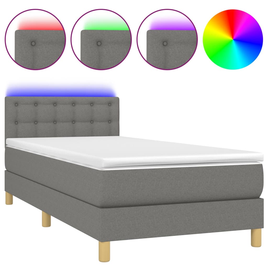 sötétszürke szövet rugós és LED-es ágy matraccal 90x190 cm