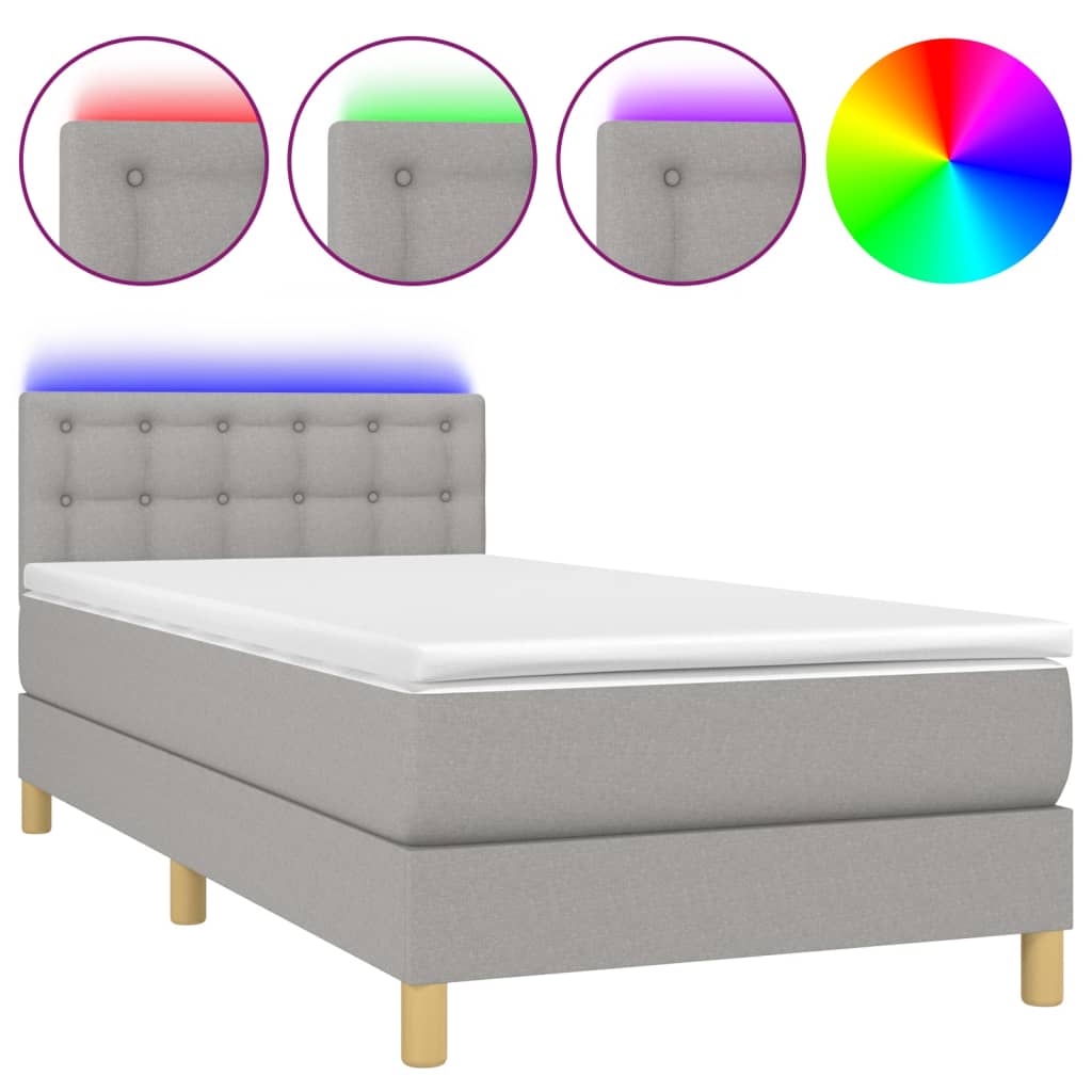 Box spring postel s matrací a LED světle šedá 90x200 cm textil